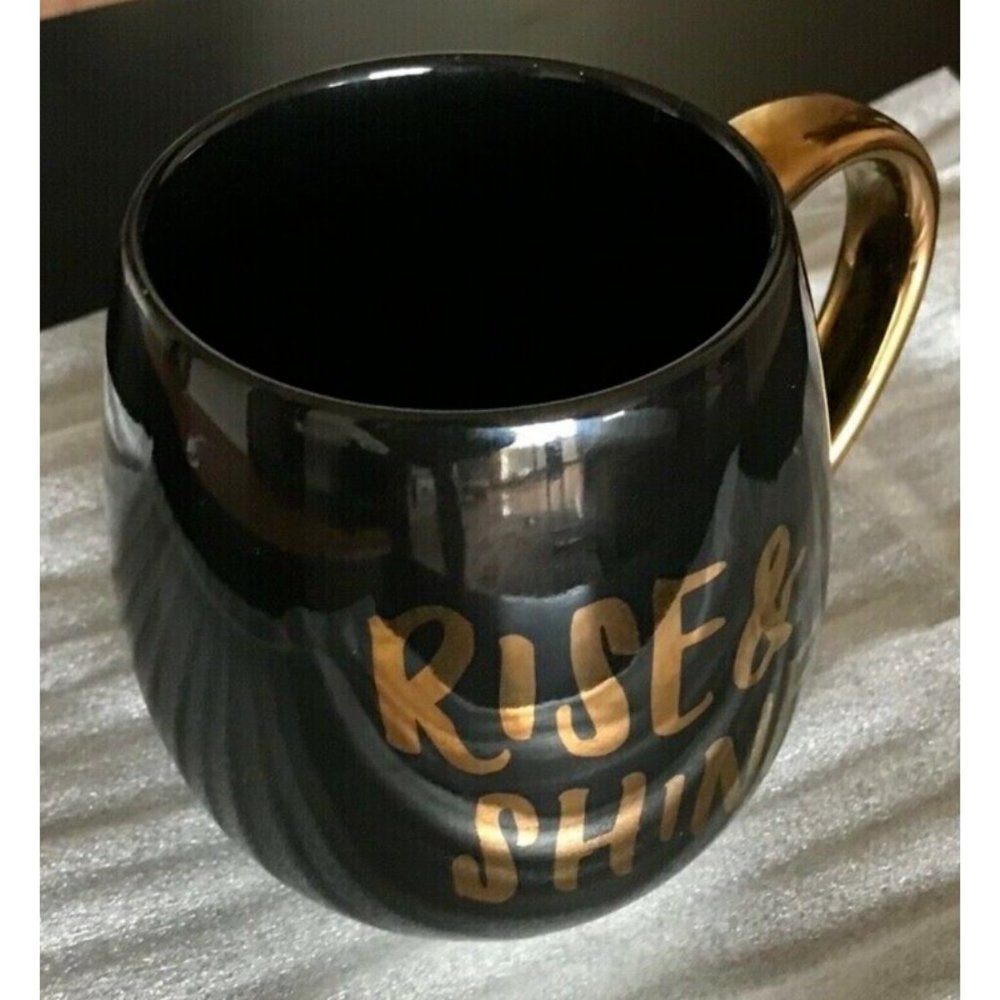 Threshold Stoneware “Rise & Shine” Coffee Mug Black Gold Large